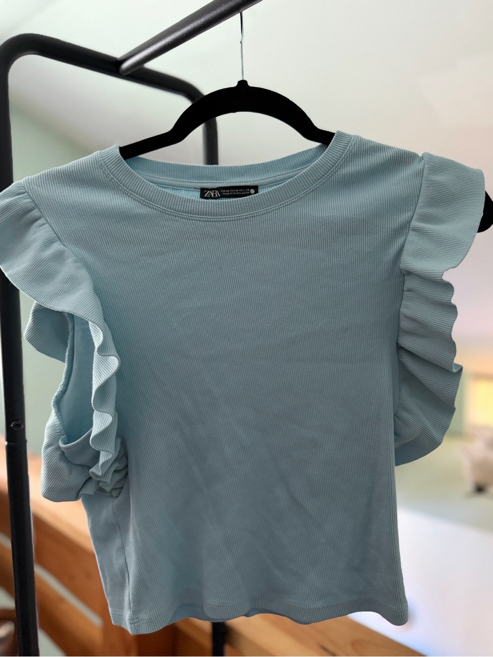 Zara Light Blue Ruffle Sleeve Ribbed Top
